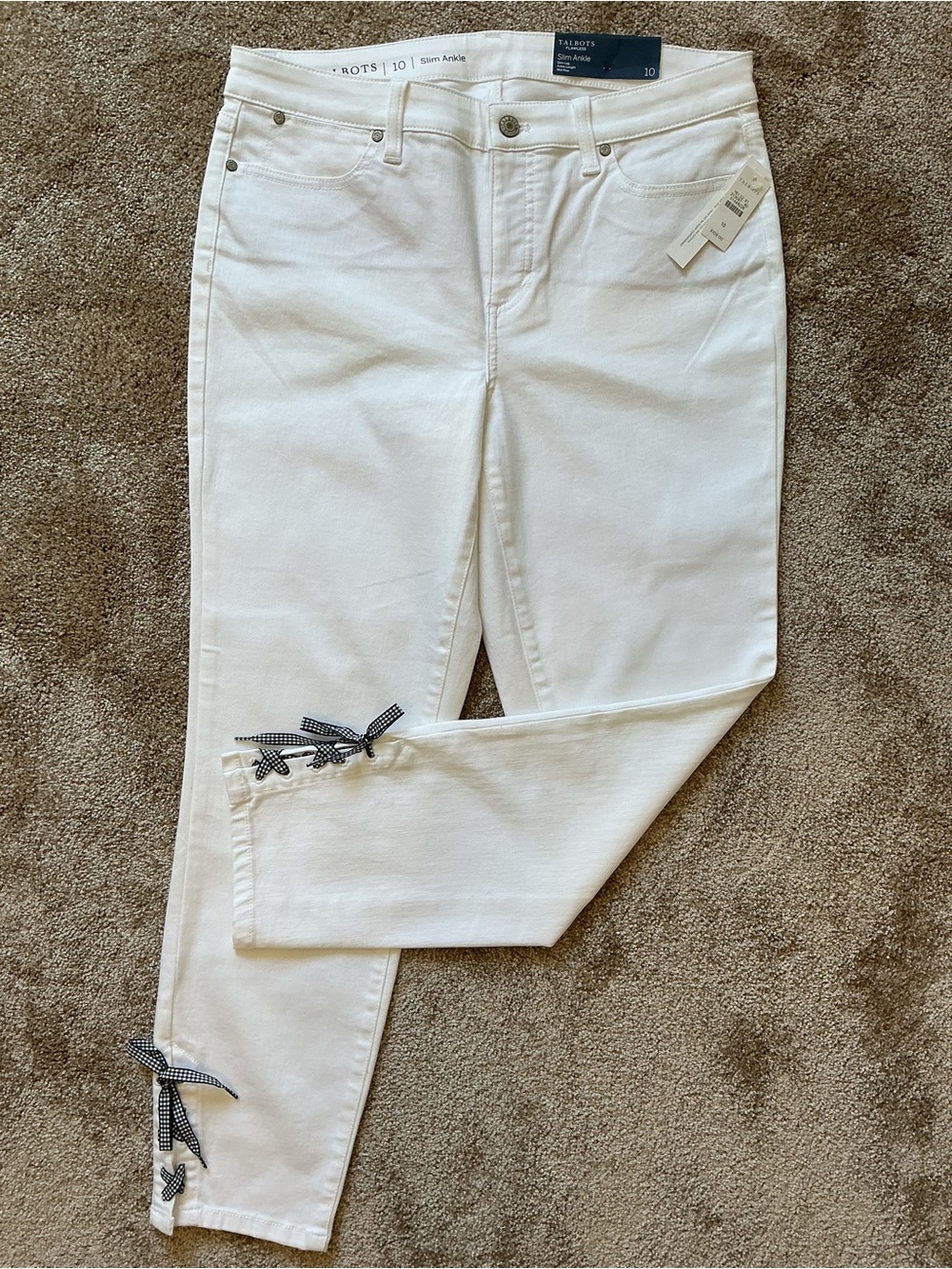 Talbots Flawless Mid Rise Slim Ankle White Denim Jeans Ankle Lacing $109 NWT 10